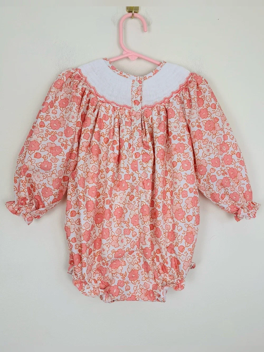 Poppy kids white and pink floral heart smocked long sleeve bubble. 18m
